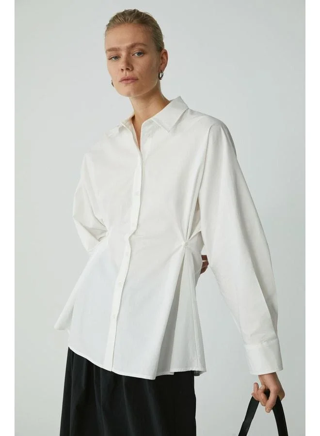 Ethiquet Erına Women's Relaxed Fit Buttoned Adjustable Waist Long Sleeve White Shirt.