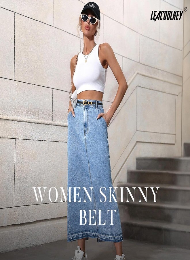 LEACOOLKEY Women Skinny Leather Belt Modern Slim Thin Waist Belt for Jeans Dress Pants with Gold Buckle Black - Image 5