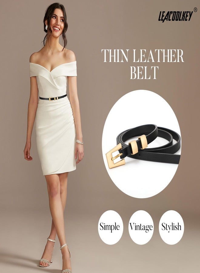 LEACOOLKEY Women Skinny Leather Belt Modern Slim Thin Waist Belt for Jeans Dress Pants with Gold Buckle Black - Image 2