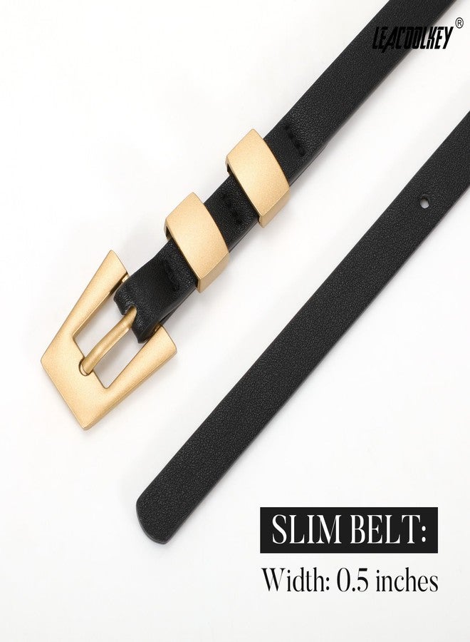 LEACOOLKEY Women Skinny Leather Belt Modern Slim Thin Waist Belt for Jeans Dress Pants with Gold Buckle Black - Image 3