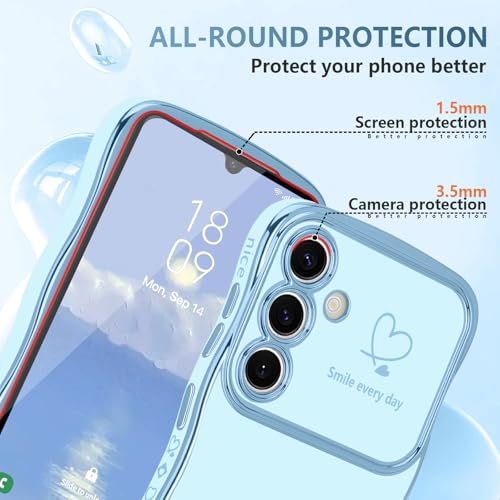 LCHULLE for Samsung Galaxy A14 4G/5G Case for Women Girls, Cute Wave Frame Curly Shape with Love Heart Camera Protection Cover Luxury Plating Shockproof Phone Case for Galaxy A14 4G/5G, Baby Blue - Image 4