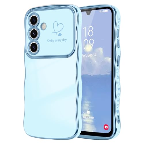 LCHULLE for Samsung Galaxy A14 4G/5G Case for Women Girls, Cute Wave Frame Curly Shape with Love Heart Camera Protection Cover Luxury Plating Shockproof Phone Case for Galaxy A14 4G/5G, Baby Blue - Image 1
