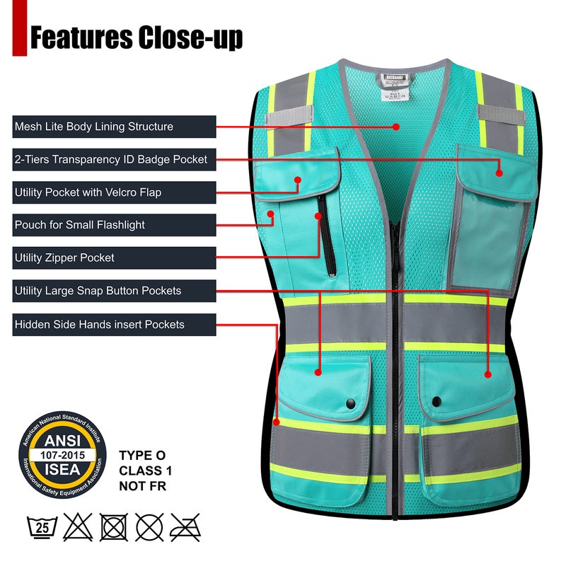 HATAUNKI High Visibility Reflection Peacock Mesh Safety Vests with 9 Pockets and Front Zipper, hi vis safety vest for Women, Meets ANSI/ISEA Standards(Peacock-16,M) - Image 3