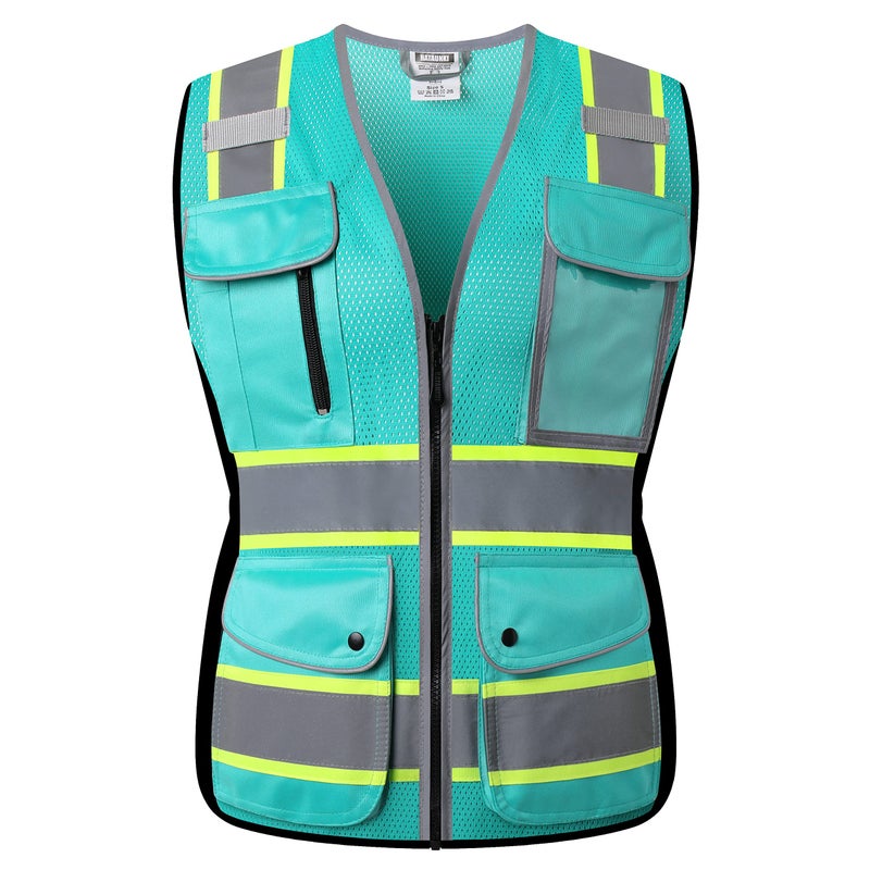 HATAUNKI High Visibility Reflection Peacock Mesh Safety Vests with 9 Pockets and Front Zipper, hi vis safety vest for Women, Meets ANSI/ISEA Standards(Peacock-16,M) - Image 1