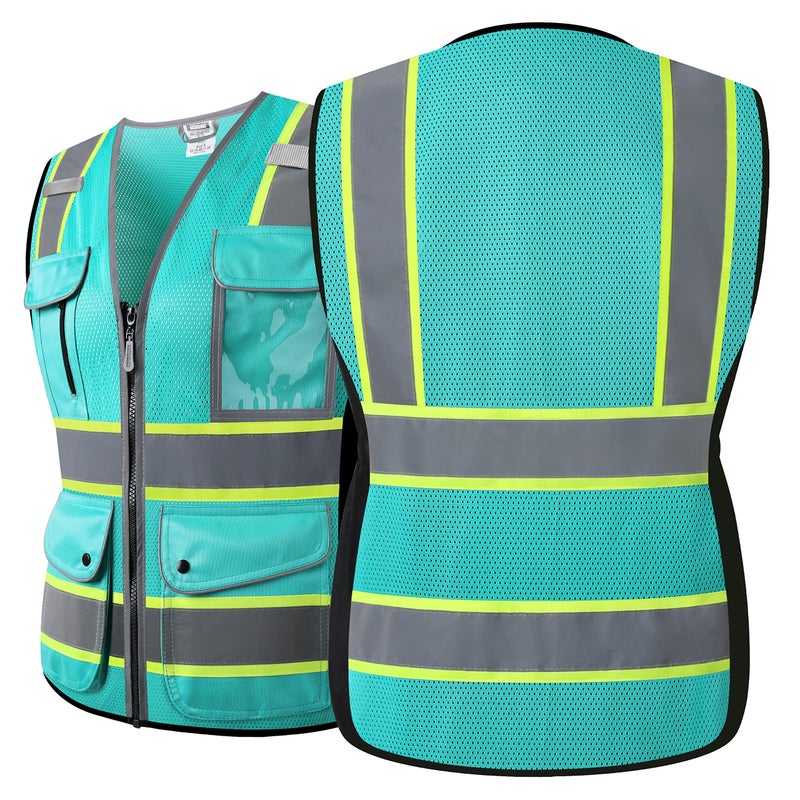HATAUNKI High Visibility Reflection Peacock Mesh Safety Vests with 9 Pockets and Front Zipper, hi vis safety vest for Women, Meets ANSI/ISEA Standards(Peacock-16,M) - Image 2