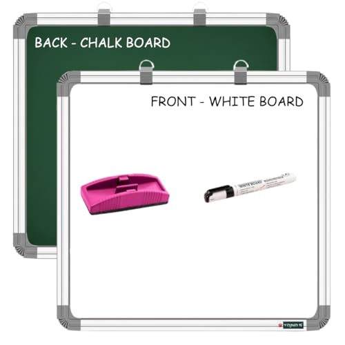 YAJNAS Melamine Non-Magnetic 2X2 Ft Double Sided Whiteboard & Chalkboard Board with 1 Marker & 1 Duster - Set of 3 Items - Image 1
