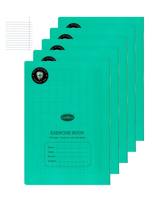 5-Piece A4 Size Single Line With Right Margin Exercise Book 200 Pages With PVC Cover Green