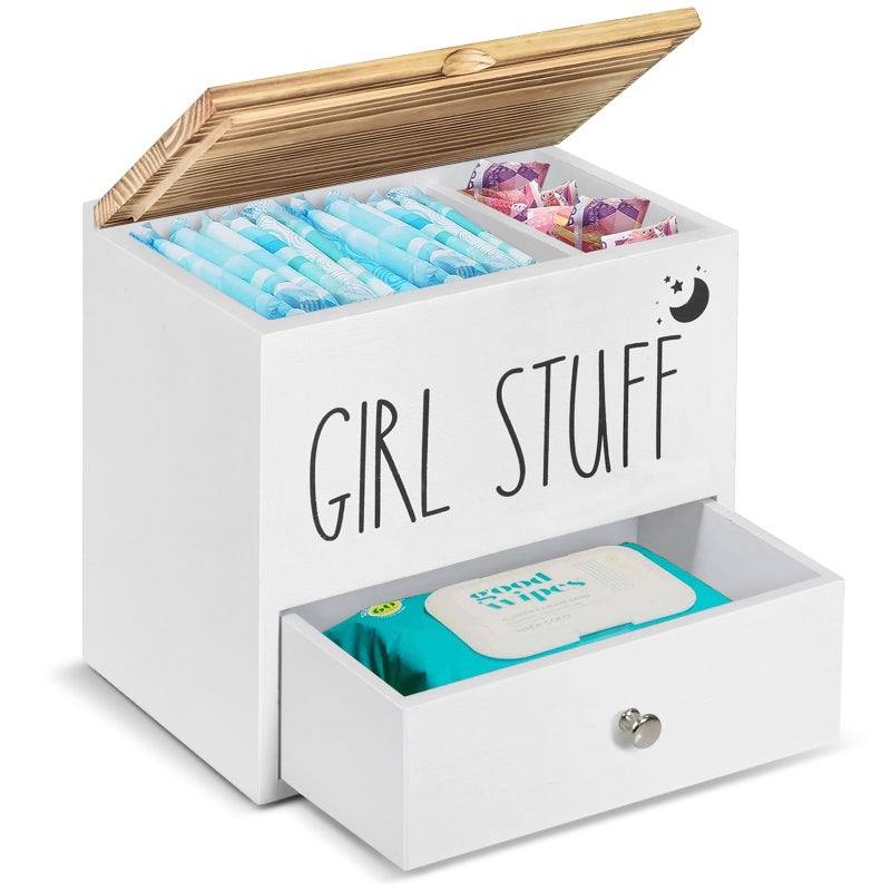 Tampon Holder for Bathroom Decor and Storage Wood Feminine Product Organizer with Drawer and Lid Pad and Tampon Organizer Bathroom Accessories Box for Tampon Storage White Cotton BallSwab Holder
