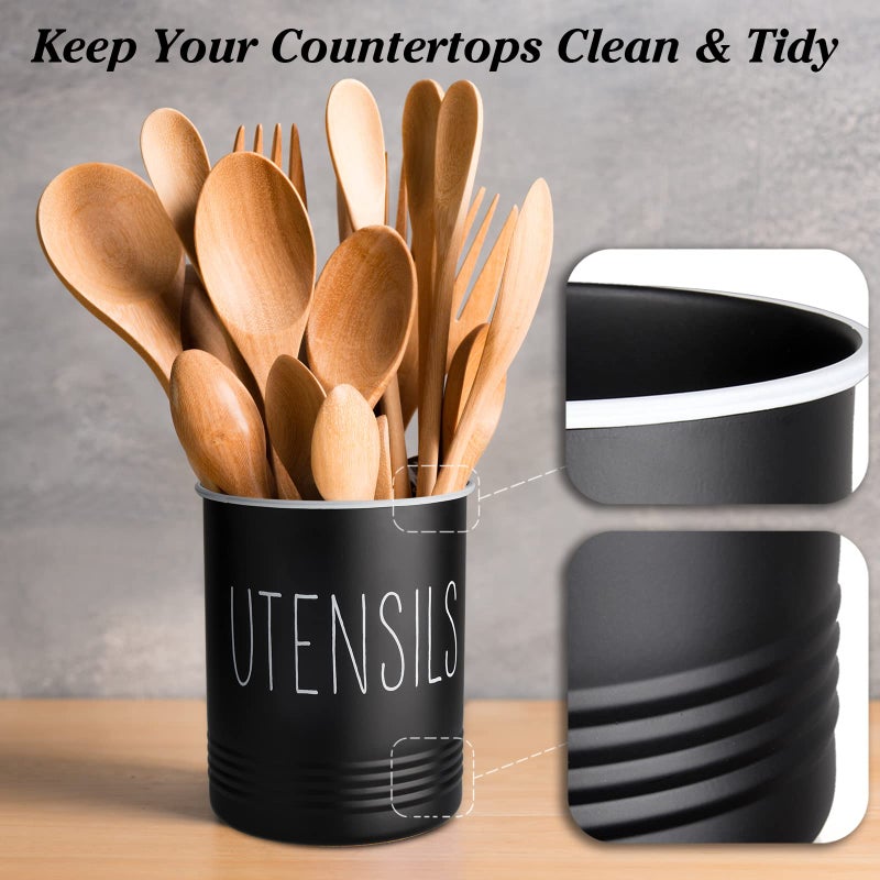 Bivvclaz Kitchen Utensil Holder, 6.7" Utensil Holder for Kitchen Counter, Cooking Utensil Crock with Cork Bottom, Modern Farmhouse Kitchen Decor, Countertop Utensil Storage Organizer Caddy, Black - Image 4