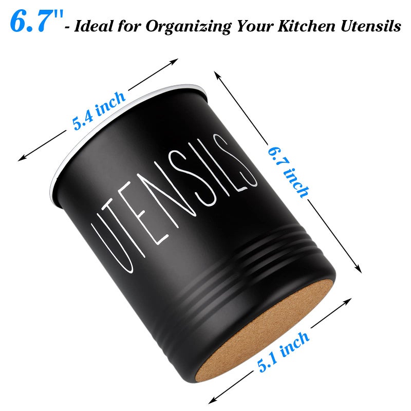 Bivvclaz Kitchen Utensil Holder, 6.7" Utensil Holder for Kitchen Counter, Cooking Utensil Crock with Cork Bottom, Modern Farmhouse Kitchen Decor, Countertop Utensil Storage Organizer Caddy, Black - Image 2