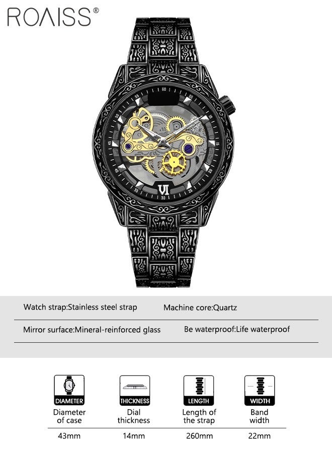 رويس ساعة كوارتز بحزام من الفولاذ المقاوم للصدأ للرجال، ساعة بقرص مجوف شفاف دائري بتقليد تصميم ساعة ميكانيكية، ساعة يد مضيئة مقاومة للماء كهدية للرجال - Image 4