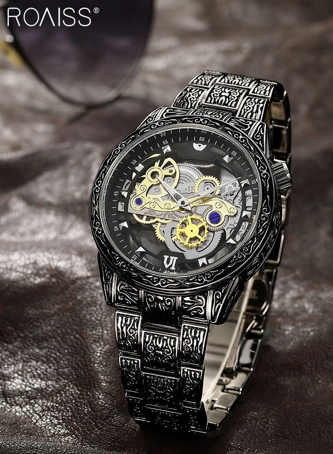 رويس ساعة كوارتز بحزام من الفولاذ المقاوم للصدأ للرجال، ساعة بقرص مجوف شفاف دائري بتقليد تصميم ساعة ميكانيكية، ساعة يد مضيئة مقاومة للماء كهدية للرجال - Image 3