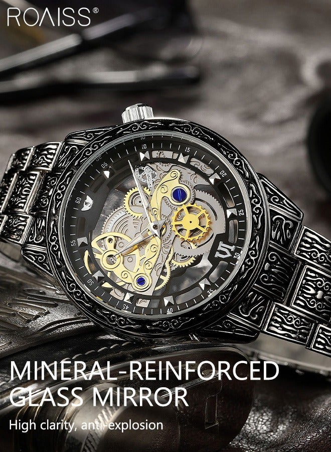رويس ساعة كوارتز بحزام من الفولاذ المقاوم للصدأ للرجال، ساعة بقرص مجوف شفاف دائري بتقليد تصميم ساعة ميكانيكية، ساعة يد مضيئة مقاومة للماء كهدية للرجال - Image 5