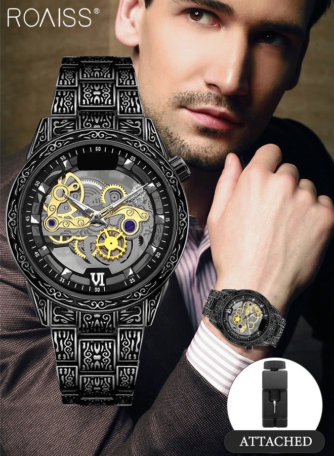 رويس ساعة كوارتز بحزام من الفولاذ المقاوم للصدأ للرجال، ساعة بقرص مجوف شفاف دائري بتقليد تصميم ساعة ميكانيكية، ساعة يد مضيئة مقاومة للماء كهدية للرجال - Image 1
