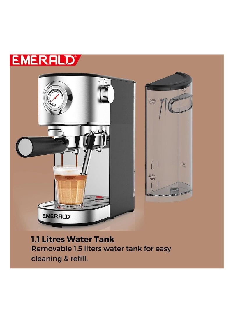 EMERALD - Brush Stainless Steel Automatic Coffee Machine, Espresso and Cappuccino Maker. 20 Bar, 1.1 Litre Water Tank, Frothing Function, Removable Drip Tray. EK7911ECM - Image 2