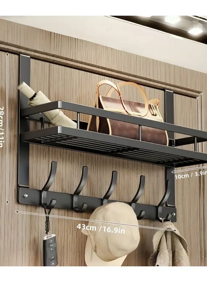 Black Over The Door Hooks Organizer With 5 Hooks Mesh Basket Towel Rack - Image 1