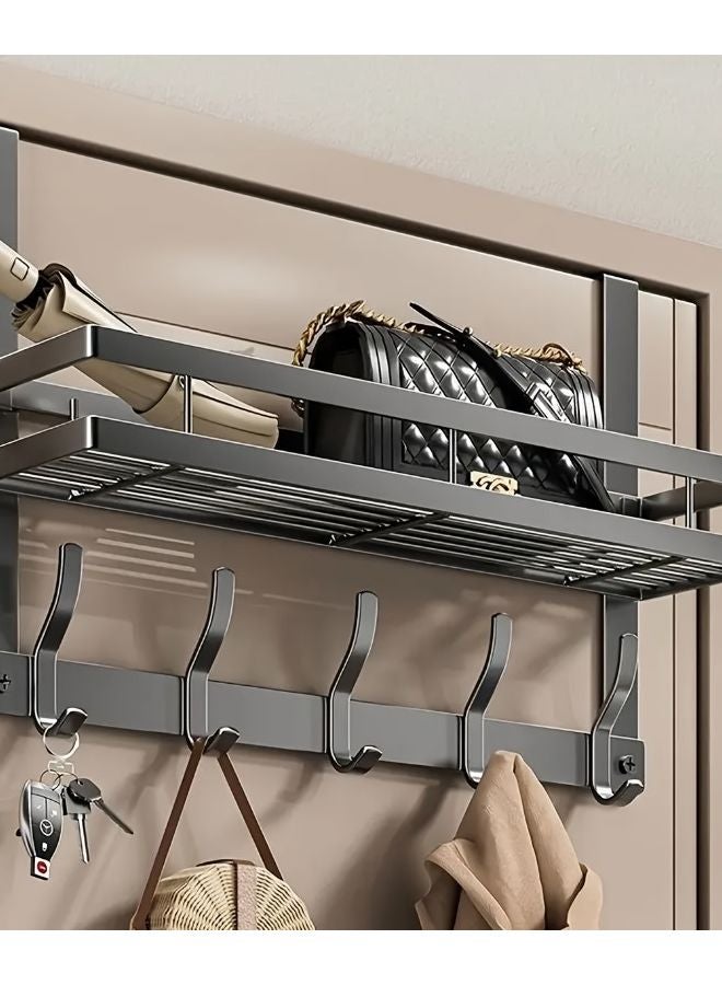 Black Over The Door Hooks Organizer With 5 Hooks Mesh Basket Towel Rack - Image 5