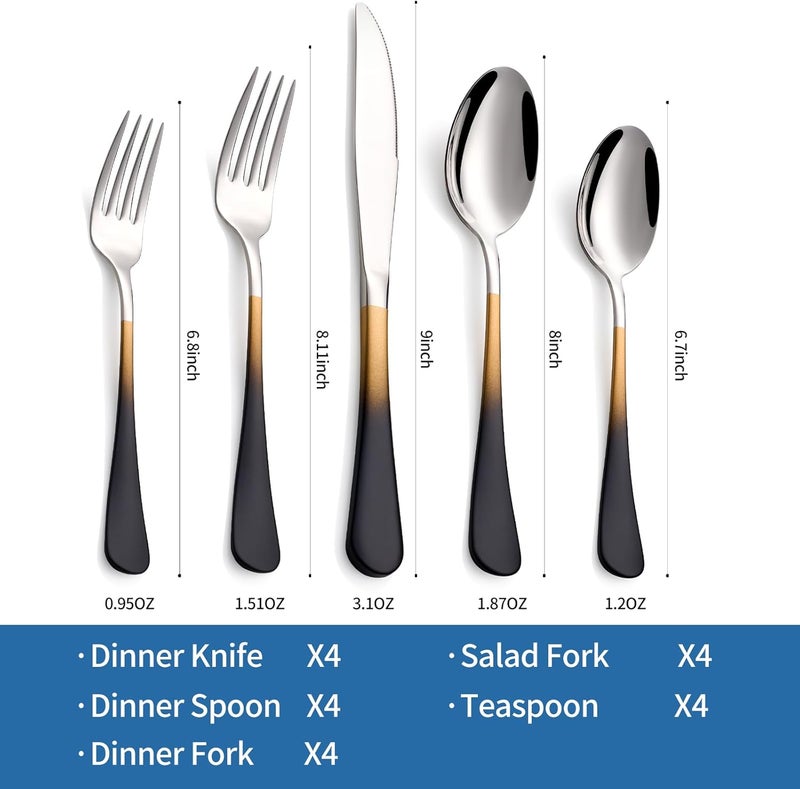 Moxinox 20-Piece Black Gold and Silverware Set, 18/0 Stainless Steel Colorful Handle Flatware Set,Service for 4,Modern Cutlery Set Includes Dinner Knives Forks Spoons,Mirror Polished,Dishwasher Safe - Image 2