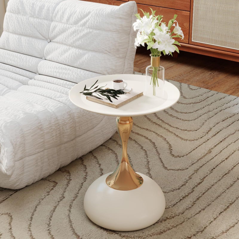 Funecy Metal Round End Table,Modern Pedestal Table,Corner Drink Tables,Accent Side Table Nightstand for Living Room,Patio and bar (White-Gold) - Image 3