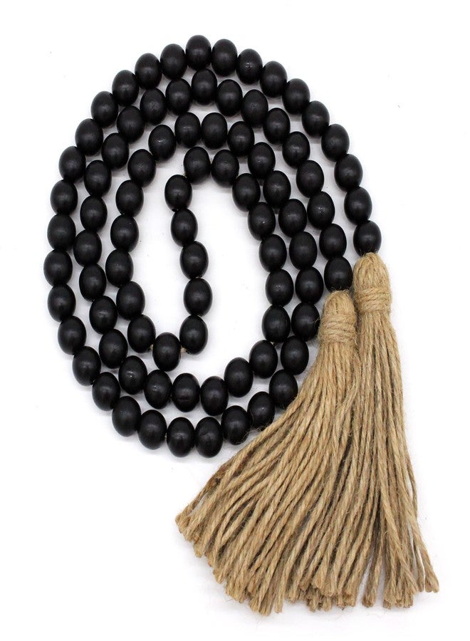 VKSG Farmhouse Decor Beads 60in Wooden Bead Garland with Tassels Rustic Minimalist Home Accent Prayer Country Boho Decoration for Wall Hanging Living Room Table Mantle Shelf Decor, Black - Image 1