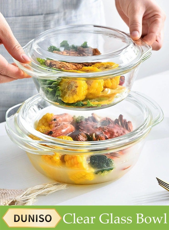 DUNISO 2Pcs Clear Glass Bowl With Lid, Thickened High Boron Glass Pot, Multifunctional Heat Resistant Glass Pot,  Double Ear Design, Easy To Clean，Suitable For Noodles, Soup, Milk, 700ml  - Image 1