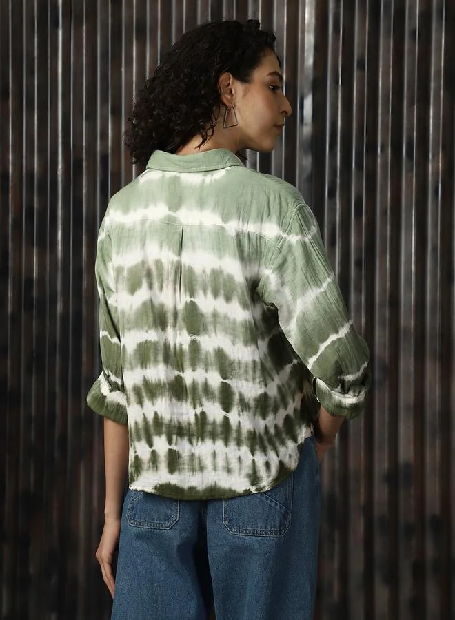 HIGH STAR Women Relaxed Spread Collar Tie and Dye Printed Cotton Boxy Fit Casual Shirt