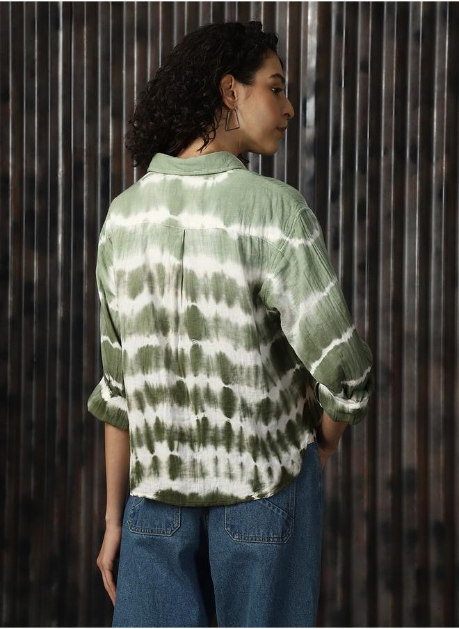 HIGH STAR Women Relaxed Spread Collar Tie and Dye Printed Cotton Boxy Fit Casual Shirt  - Image 5