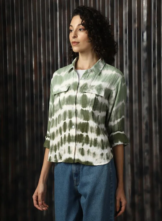 HIGH STAR Women Relaxed Spread Collar Tie and Dye Printed Cotton Boxy Fit Casual Shirt
