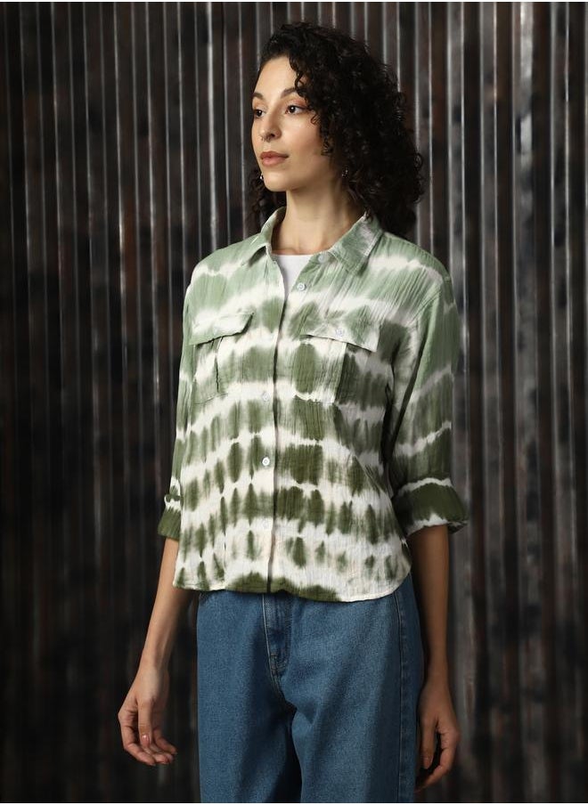 HIGH STAR Women Relaxed Spread Collar Tie and Dye Printed Cotton Boxy Fit Casual Shirt  - Image 3