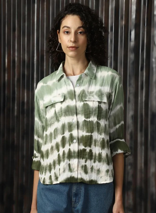 HIGH STAR Women Relaxed Spread Collar Tie and Dye Printed Cotton Boxy Fit Casual Shirt