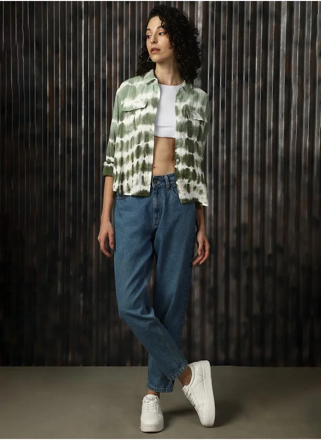 هاي ستار Women Relaxed Spread Collar Tie and Dye Printed Cotton Boxy Fit Casual Shirt