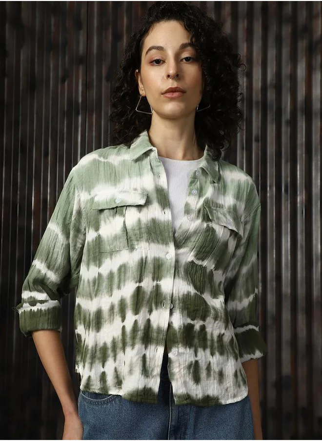 هاي ستار Women Relaxed Spread Collar Tie and Dye Printed Cotton Boxy Fit Casual Shirt