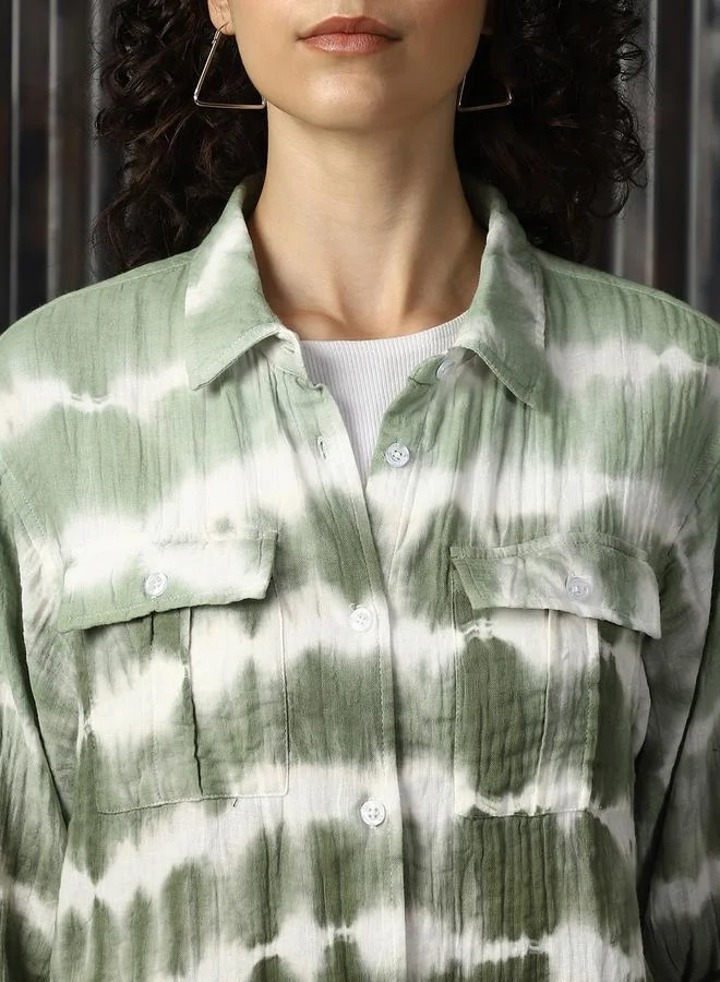 HIGH STAR Women Relaxed Spread Collar Tie and Dye Printed Cotton Boxy Fit Casual Shirt