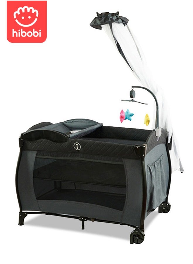hibobi Two Layer Bed Portable Foldable And Movable Diaper Table Baby Care Table Baby Crib With Mosquito Net And Mattress And Diaper Table 0-36 Months 