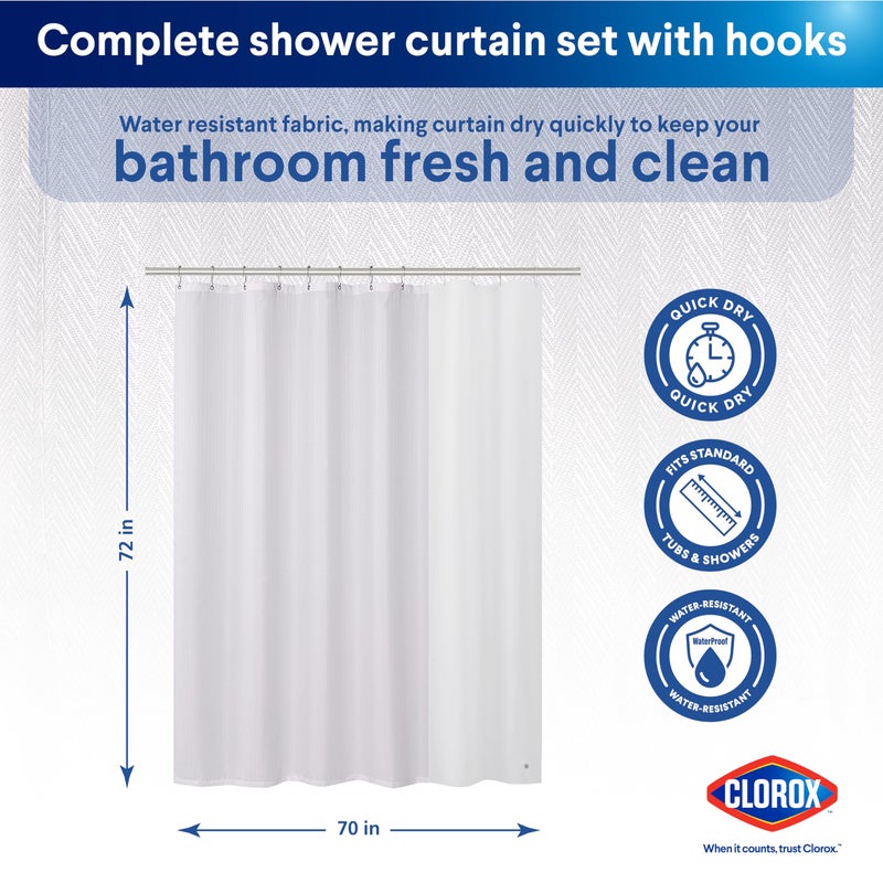 CLOROX Bathroom Shower Curtain with Waterproof Lightweight PEVA Liner Set, Standard Size for Bathroom, with Weighted Magnets and 12 Metal Hooks - 70" x 72" White - Image 2