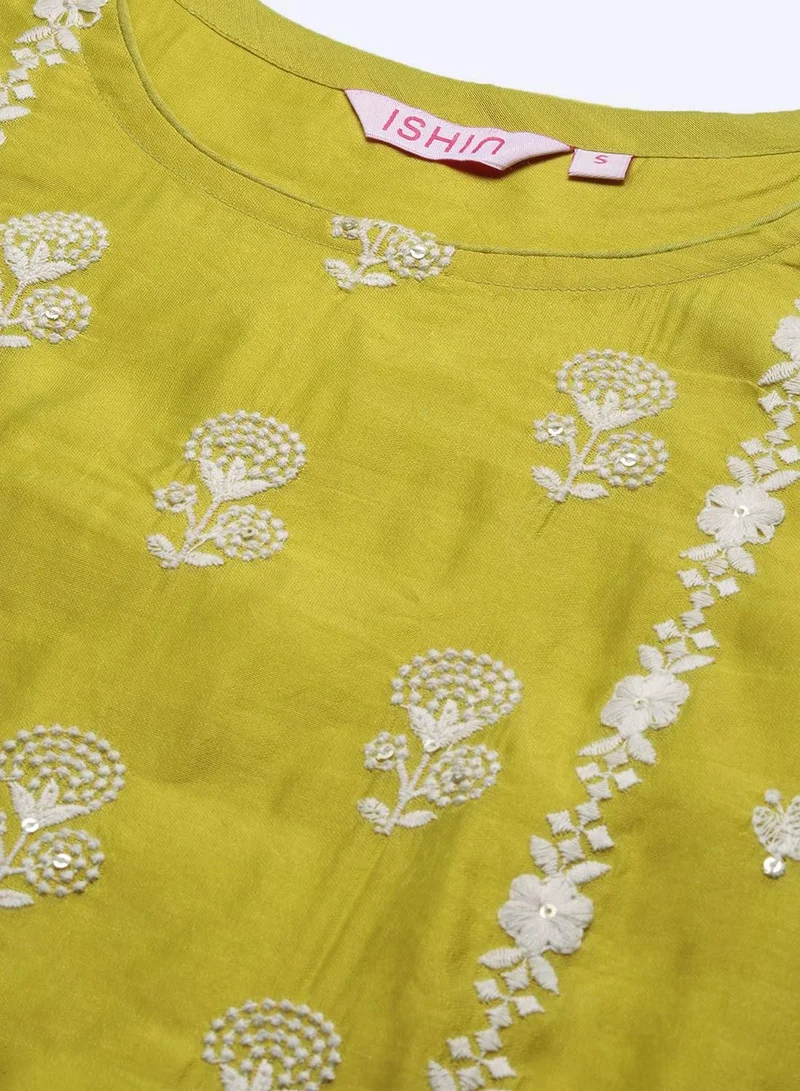 ISHIN Women's Lime Green Modal Fabric Embellished Tunic Full Length Casual Straight Fit Kurta Set