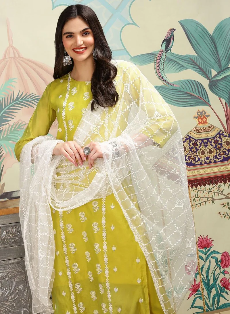 ISHIN Women's Lime Green Modal Fabric Embellished Tunic Full Length Casual Straight Fit Kurta Set