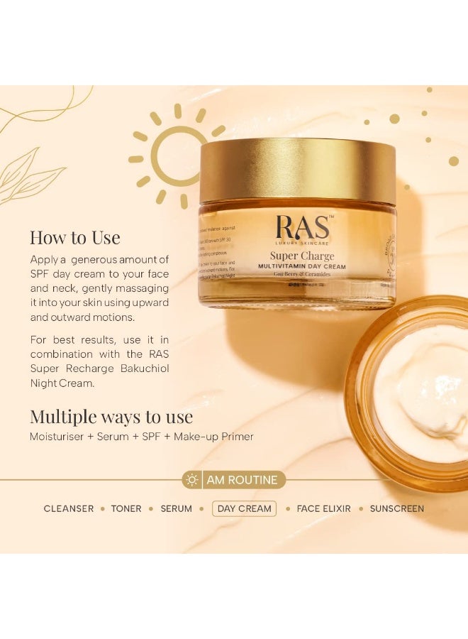 راس كريم لاكشري أويلز سوبر تشارج داي كريم نهاري مع فيتامينات متعددة SPF 30 PA++++ غوجي بيري وسيراميد | مرطب لبشرة متوهجة مع ترطيب لمدة 72 ساعة | حماية من الأشعة فوق البنفسجية أ و ب | عناية فاخرة بالبشرة | 8 جم - Image 5