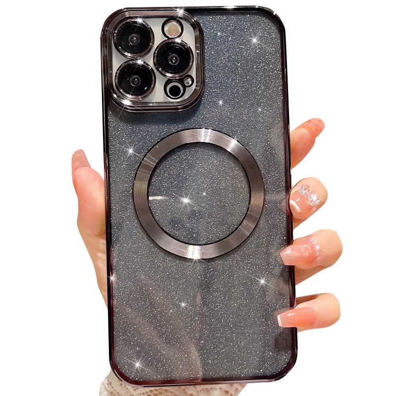 MGQILING Compatible with iPhone 12 Pro Max Magnetic Glitter Case Luxury Plating Cute Bling Clear Phone Case Compatible with MagSafe for Women Girls with Camera Protector Back Cover  Black