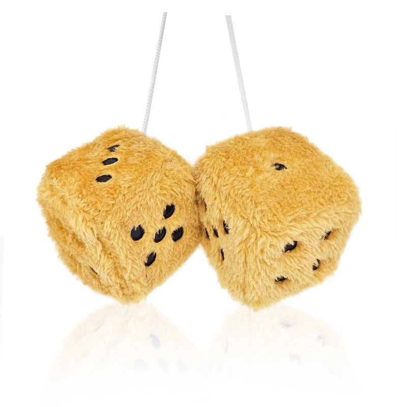 ORNALES Pair 3 Gold Fuzzy Plush Dice with White Dots for Car Mirror Soft Retro Plush Car Interior Accessories for Car Rearview Mirror Hanging DecorationChampagne - Image 3