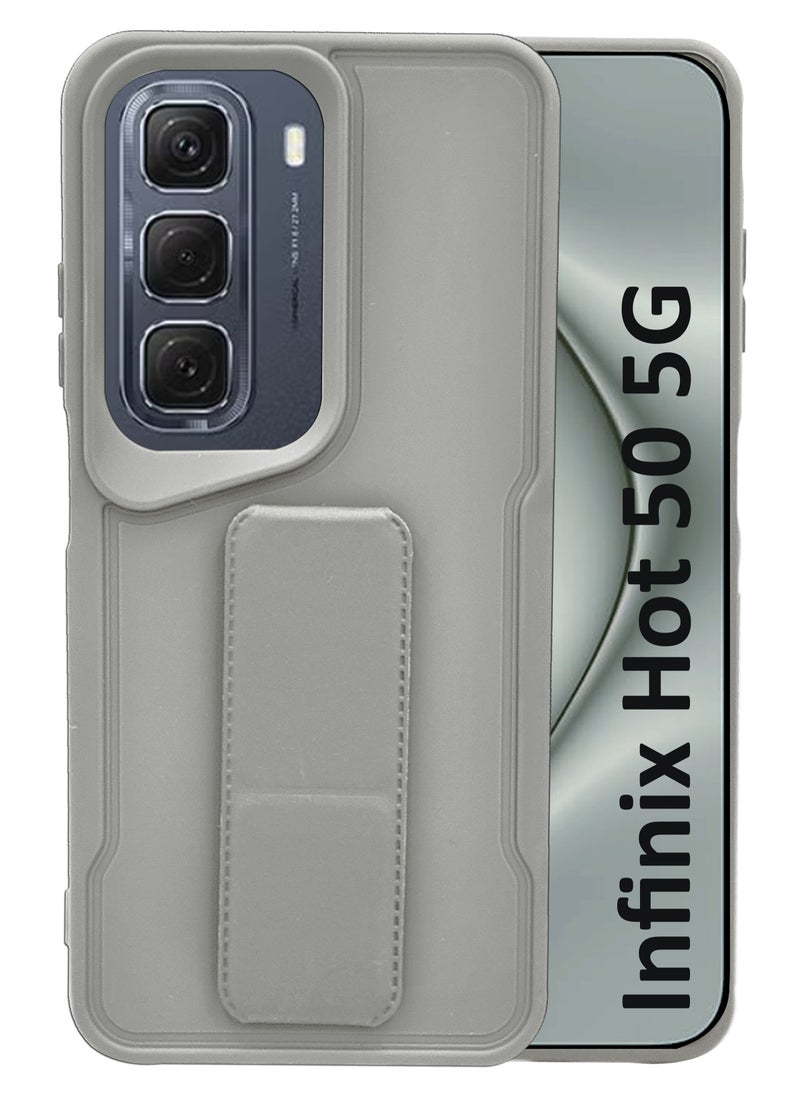 Generic For Infinix Hot 50 5G - Hard Silicone Magnetic Back Stand Case  With Foldable Kickstand & Finger Strap  - Grey  - Image 1