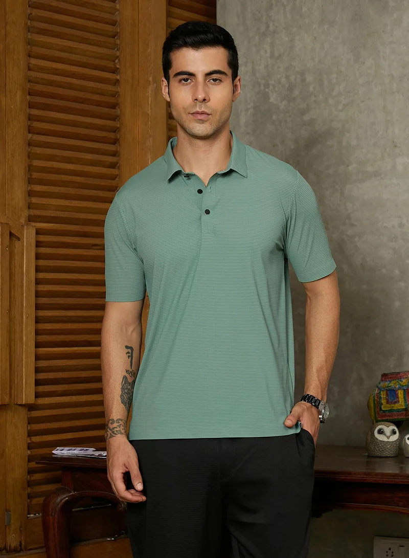Campus Sutra Campus Sutra Men's Sea Green Seamless Striped Polo T-Shirt For Casual Wear | Polo Neck | Short Regular Sleeves | Button Closure | T-Shirt Crafted With Comfort Fit For Everyday Wear