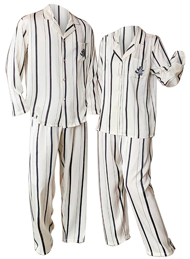 MARGOUN Couple Matching Pajamas Striped Long Sleeve Shirt and Pants Sleepwear Soft Embroidery Cartoon on the Pocket, Pajamas Set White Button Down Loungewear Homewear Nightwear MG05  - Image 1