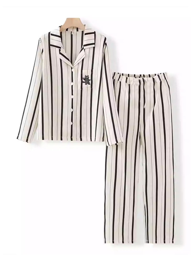 MARGOUN Couple Matching Pajamas Striped Long Sleeve Shirt and Pants Sleepwear Soft Embroidery Cartoon on the Pocket, Pajamas Set White Button Down Loungewear Homewear Nightwear MG05  - Image 2