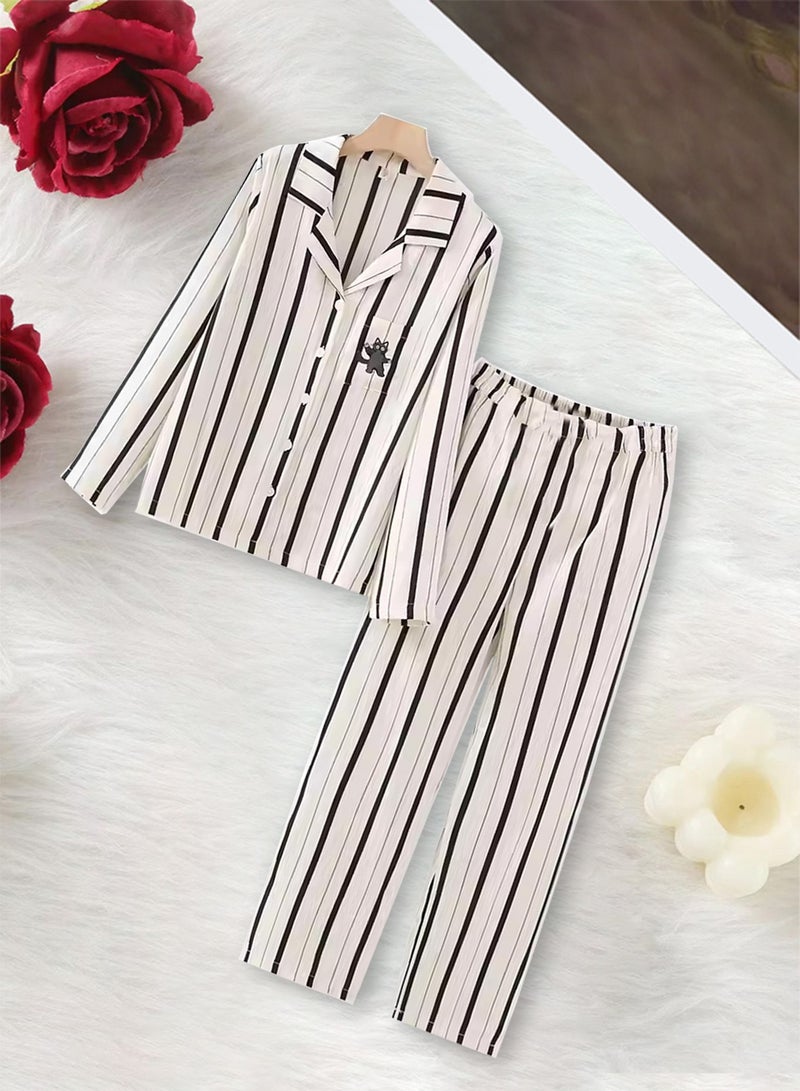 MARGOUN Couple Matching Pajamas Striped Long Sleeve Shirt and Pants Sleepwear Soft Embroidery Cartoon on the Pocket, Pajamas Set White Button Down Loungewear Homewear Nightwear MG05  - Image 5