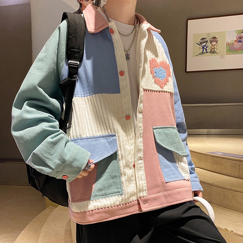 Jacket Mens Autumn Fashion Brand Hip-hop Color Matching Work Jacket 2021 New Hong Kong Style ins Fashionable Loose Top Pink