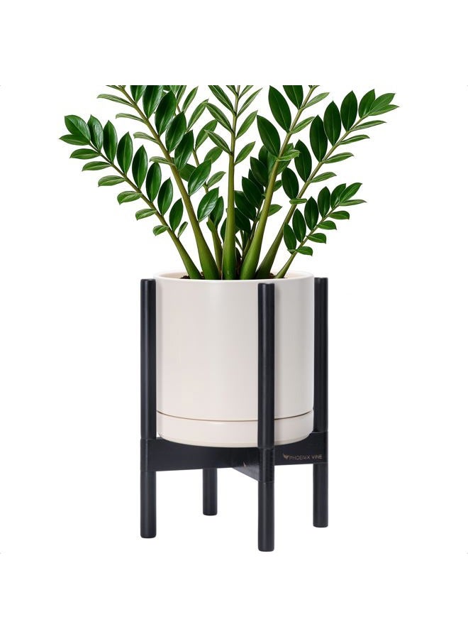 D'vine Dev Ceramic Planter with Ebony Stand - 10 Inch Modern Round Flower Pot with Wood Planter Holder, Oatmeal, 55-B-L-8 - Image 1
