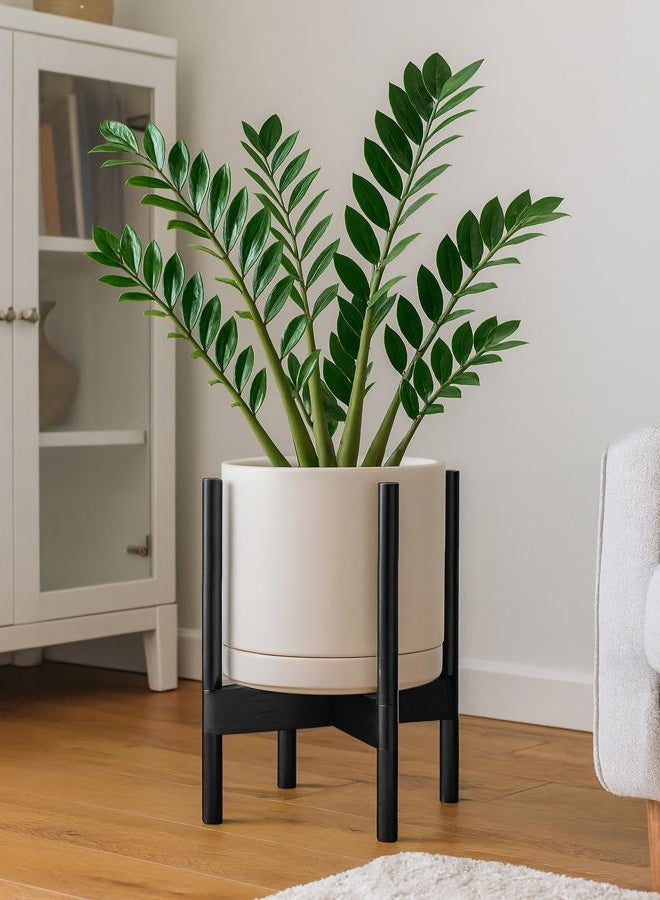 D'vine Dev Ceramic Planter with Ebony Stand - 10 Inch Modern Round Flower Pot with Wood Planter Holder, Oatmeal, 55-B-L-8 - Image 4