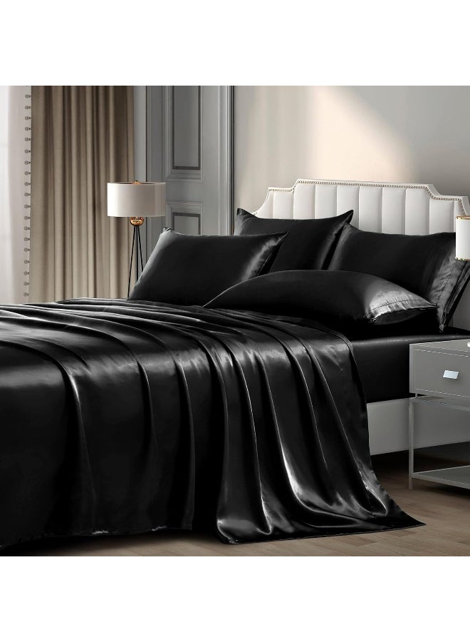 P Pothuiny 6-Piece Queen Satin Sheets Luxury Silky Black Satin Bedding Sheet Set - Image 2