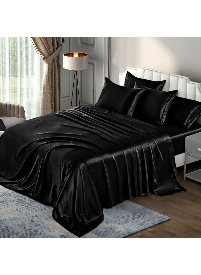 P Pothuiny 6-Piece Queen Satin Sheets Luxury Silky Black Satin Bedding Sheet Set - Image 1